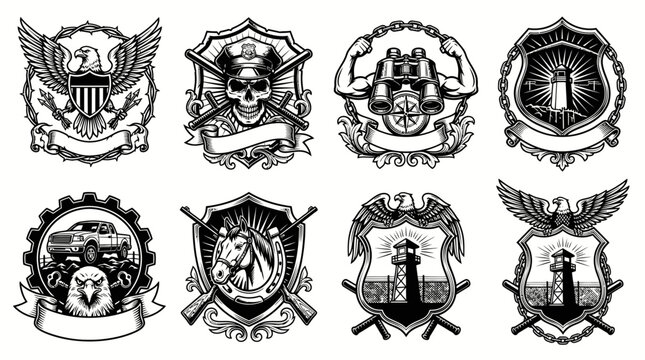 Black and White Crests with Icons: Police, Eagle, Truck, Horse, Lighthouse, Binoculars, Security