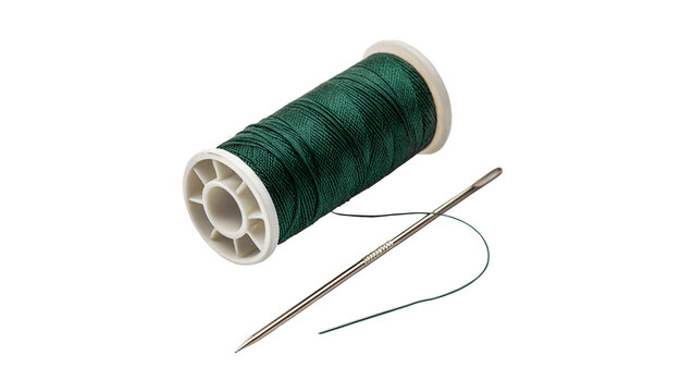Green sewing thread spool with a steel needle isolated on transparent background.