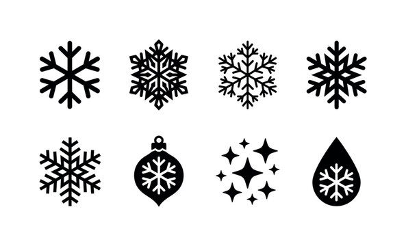 Snowflake Winter Symbols, solid glyph icon set featuring six-point snowflake, radial ice crystal, branching snowflake, star snowflake, geometric frost symbol, icy ornament, winter sparkle and frozen