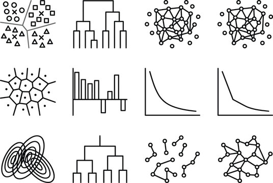 Unsupervised machine learning and data science clustering algorithms icons set featuring dendrogram network graph voronoi diagram classification charts and mathematical analytics vector elements