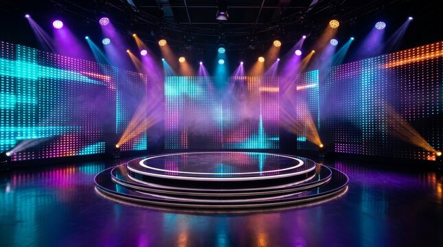 Abstract theater show concept background featuring a circular stage and neon lighting.