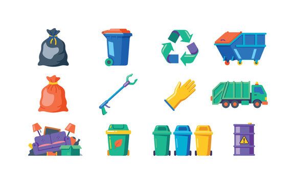 Rubbish Waste Bags, bright flat vector icon set featuring garbage bag, trash bin, recycling arrows, waste container, tied sack, litter picker, cleaning glove and collection truck, covering rubbish,