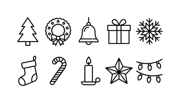 Christmas Seasonal Collection, line icon set featuring tree, wreath, bell, gift, snowflake, stocking, candy cane, candle, covering Christmas card, New Year greeting, holiday decoration, winter