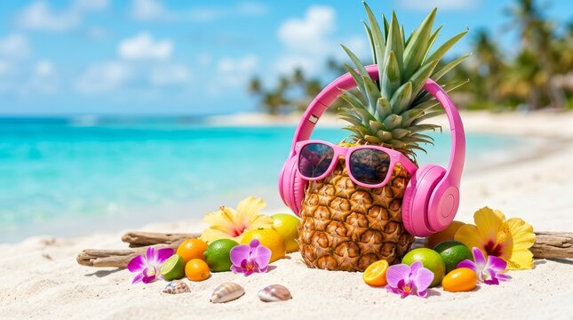 Tropical summer vacation concept with a pineapple wearing pink sunglasses and headphones on the sand.