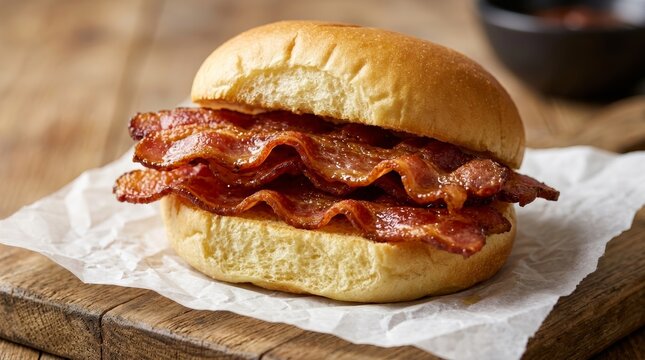Close-up of crunchy bacon and a fluffy bun creating a delicious breakfast delight.
