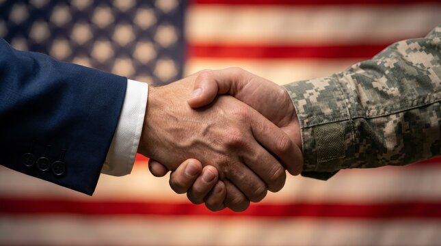 A handshake between a government official in a suit and a soldier in camouflage.