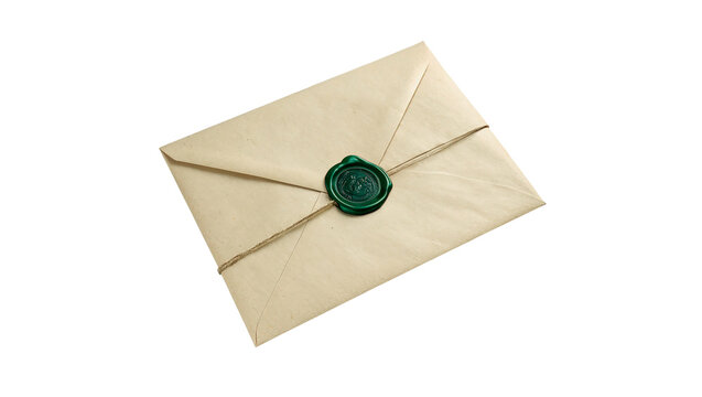 Closed vintage beige paper envelope with green wax seal isolated on transparent background.