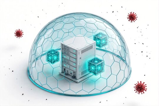 Server Under Transparent Dome Shield With Data Cubes Protected From Virus Attack Isometric 3D