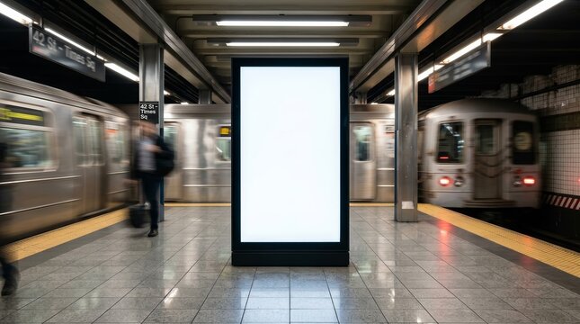 Modern marketing media template featuring a vertical poster mockup in a subway station.