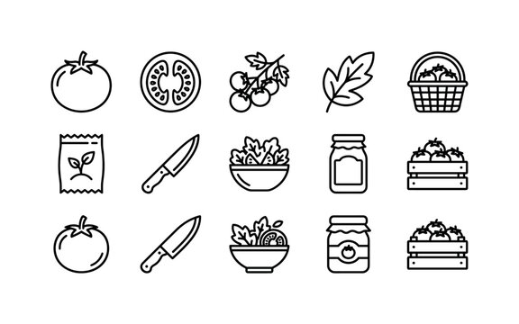 Tomato Market Icons, line icon set featuring tomato, sliced tomato, tomato vine, leaf, produce basket, seed packet, kitchen knife, salad bowl, sauce jar and farm crate, covering funny tomato theme,
