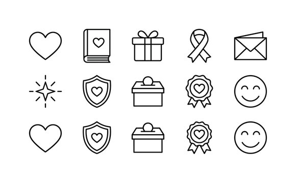 Gratitude Kindness Symbols, line icon set featuring heart, gratitude journal, gift box, charity ribbon, thank-you card shape without text, sparkle, support shield, donation box and kindness badge,