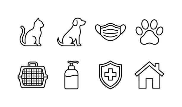 Masked Pet Safety, line icon set featuring cat silhouette, dog silhouette, medical mask, paw print, pet carrier, sanitizer bottle, shield, home, covering cats and dogs during coronavirus, pet safety,