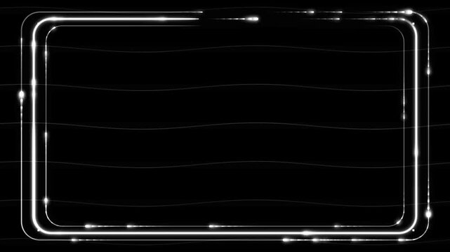 Glowing neon rectangle frame with subtle wavy lines and sparkling particles on a dark background abstract futuristic border for digital and motion