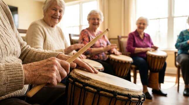 Seniors enjoying rhythm and beats with hand drums during music therapy for mental wellbeing.