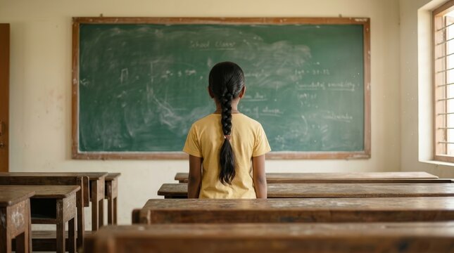 Rows of wooden desks fill an empty classroom where an Indian schoolgirl faces a blackboard.