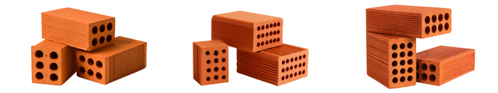 Three stacks of red clay hollow bricks isolated on transparent background