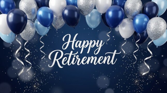 Festive retirement celebration background featuring blue, white, and silver balloons.