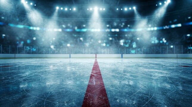 Professional hockey stadium ice rink featuring a red line marking for a game.