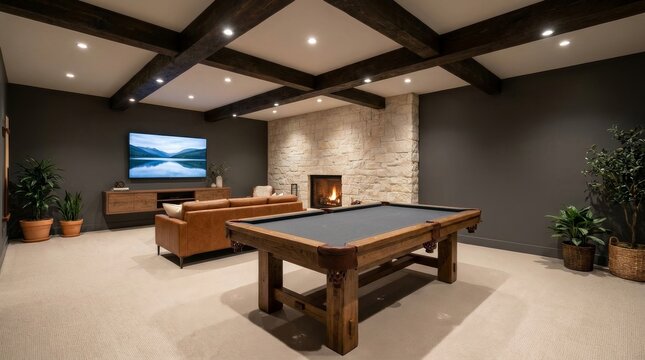 Modern basement lounge with a leather sofa, pool table, and exposed wood beams.