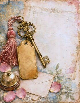 An antique ornate key with a pink tassel and blank tag rests on a vintage paper background, surrounded by rose petals and a small bell. A soft, ethereal quality enhances the nostalgic feel