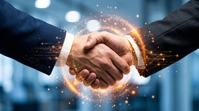 Partnership concept featuring a handshake with digital technology and internet communication effects.