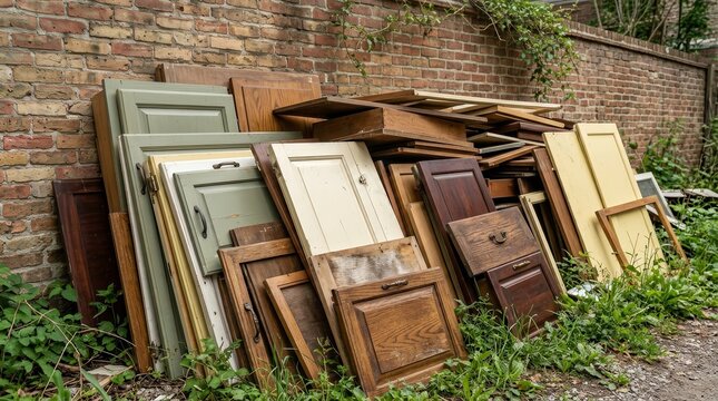 Discarded furniture junk and clutter in a backyard near a house for recycling.