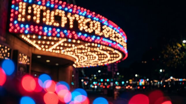 Festive theater marquee with red and blue lights creating a celebratory glow for entertainment.