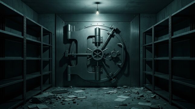 Abandoned bank vault room with metal shelves and debris on the floor.