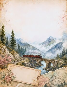 A picturesque watercolor painting depicts a vintage steam train crossing a stone bridge over a flowing river, with a misty mountain landscape and a blank scroll in the foreground