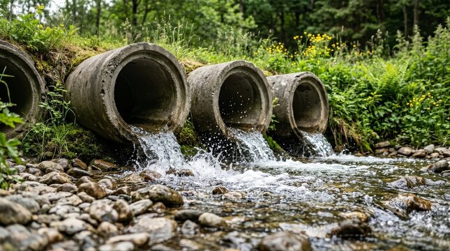 Culvert pipes carrying water under ground through a natural landscape.