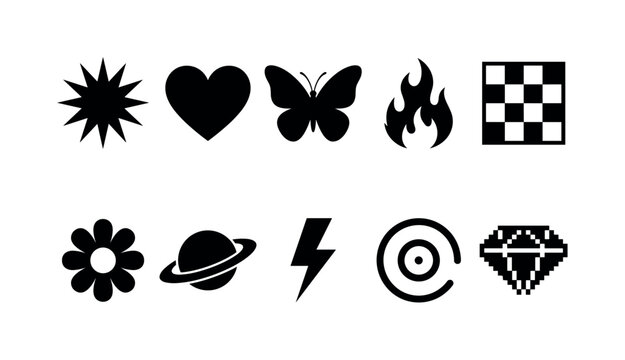 Y2K Retro Symbols, solid glyph icon set featuring starburst, heart, butterfly, flame, checker tile, flower, planet, lightning bolt, spiral, pixel-style diamond, covering Y2K style, retro groovy