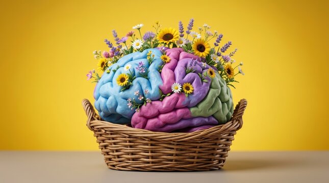 Vibrant mind concept banner featuring a human brain made of blooming wildflowers for mental health.