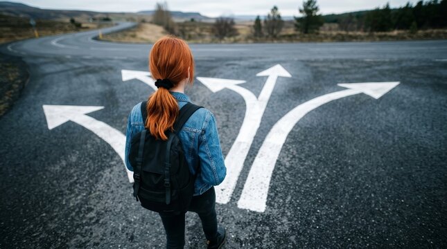 A girl stands before painted white arrows symbolizing choice and future career decisions.