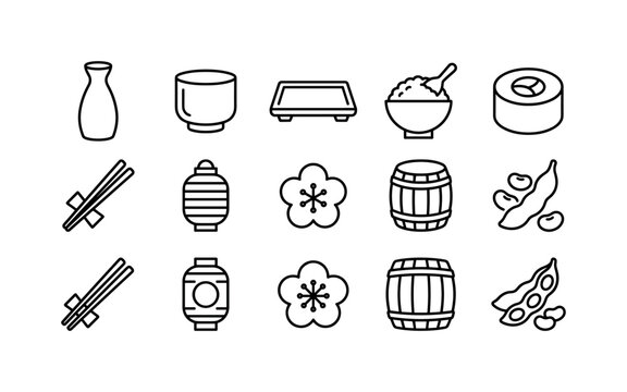 Japanese Sake Service, line icon set featuring sake bottle, sake cup, serving tray, rice bowl, sushi roll, chopsticks, lantern, plum blossom, covering Japanese sake, beverage service, restaurant,