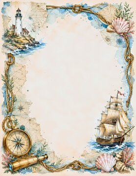 Nautical themed border with vintage map, lighthouse, sailboat, compass, spyglass, seashells, and rope