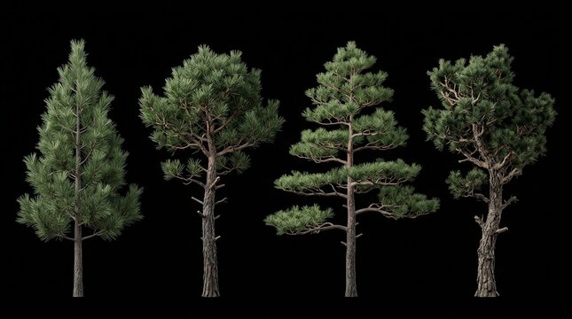 Frontal view of Pinus tabuliformis and Pinus muricata conifer trees perfectly cutout.