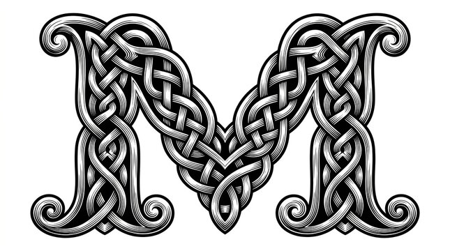 Black and white ornamental alphabet initial M featuring decorative tribal design.