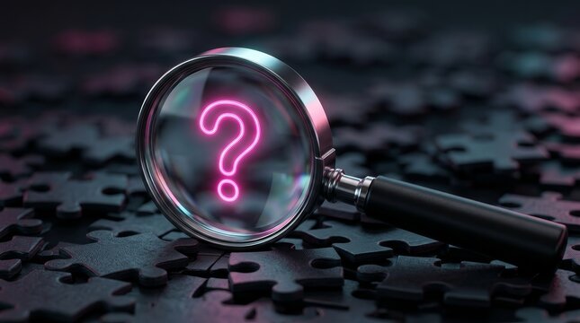 Searching for solutions concept featuring a magnifying glass and question mark on puzzle pieces.