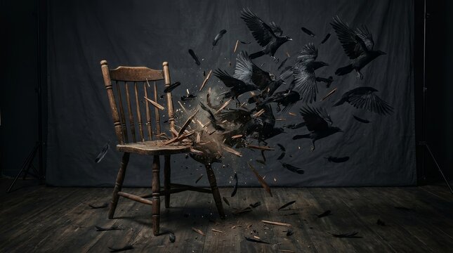 Surreal concept of a vintage wooden chair exploding into flying black crows.