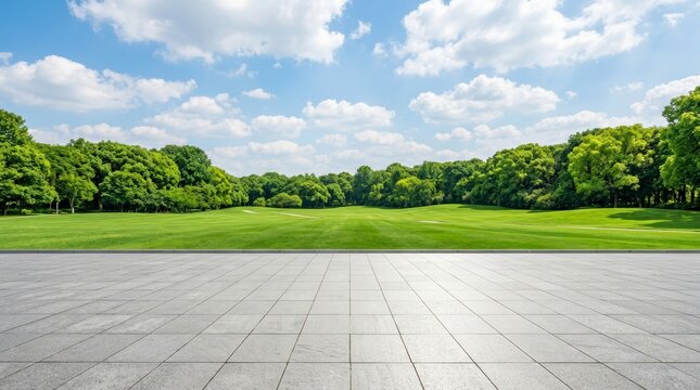 A bright sunny day at a city park featuring an open natural space with a paved area and green lawn.