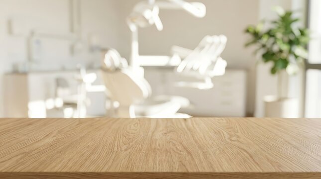 Close up of a light wood table in a modern dental office setting with bokeh background.