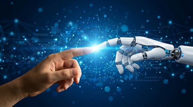 AI and machine learning concept featuring a human hand and robotic hand meeting at a light.