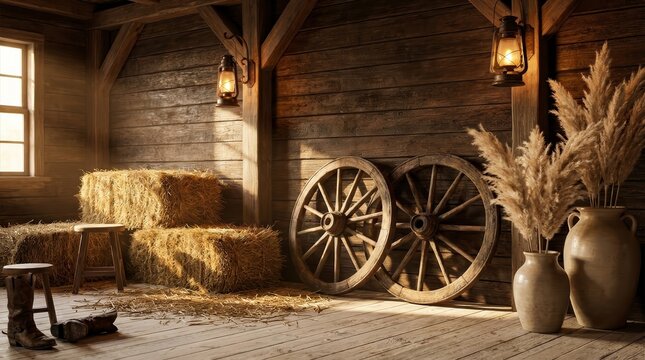 Vintage cowboy vibe barn interior with wooden wheels and pampas grass.
