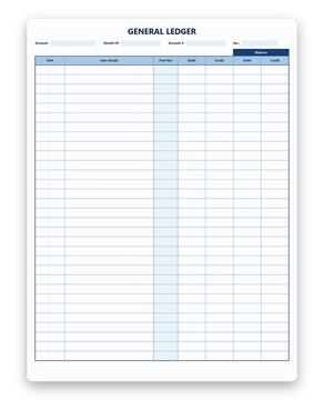 Clean blue professional general ledger template for business accounting bookkeeping and financial recordkeeping tasks transparent background