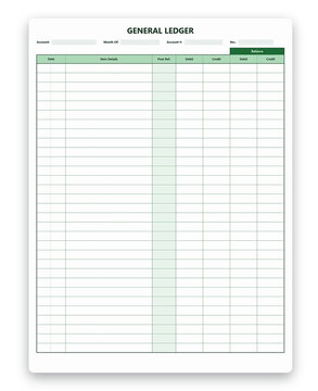 Minimalist green bookkeeping ledger document for recording professional business transactions and financial accounting data transparent background
