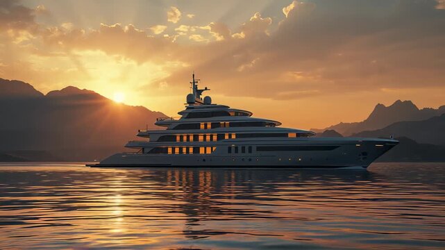 Large white motor yacht floating on calm water at sunset with dark mountains in the background