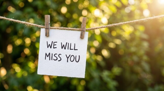 Farewell concept with a goodbye note attached to a string against a blurred green nature background.