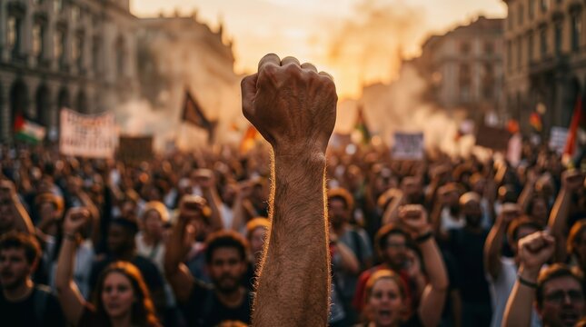 Activists fighting for freedom and human rights against oppression during a sunset rally.