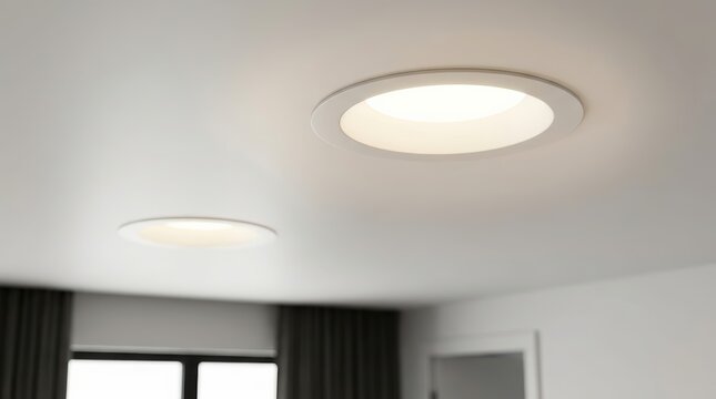 Modern LED lamps for home or office featuring round glowing downlights on a white ceiling at night.