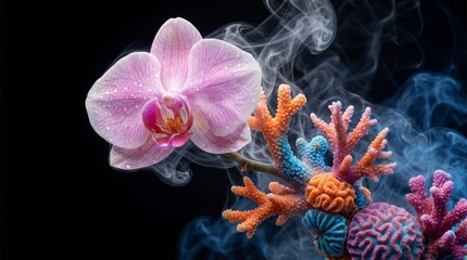 Obraz premium A surreal orchid flower blooming amidst vibrant colorful coral reef textures.